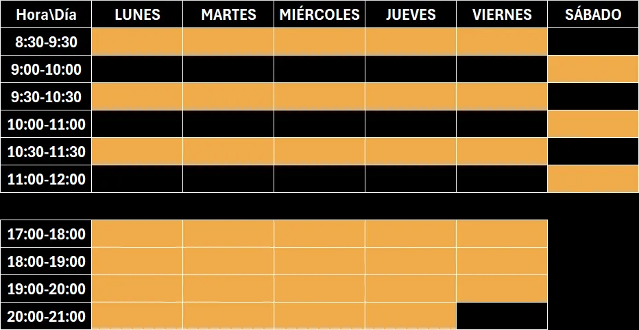 tabla con horario de clases del centro