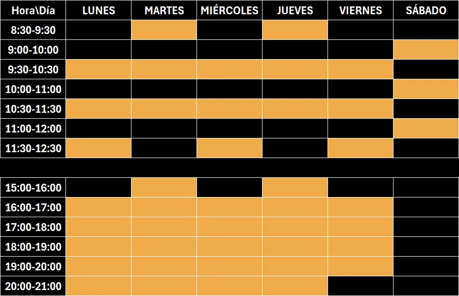 tabla con horario de clases del centro