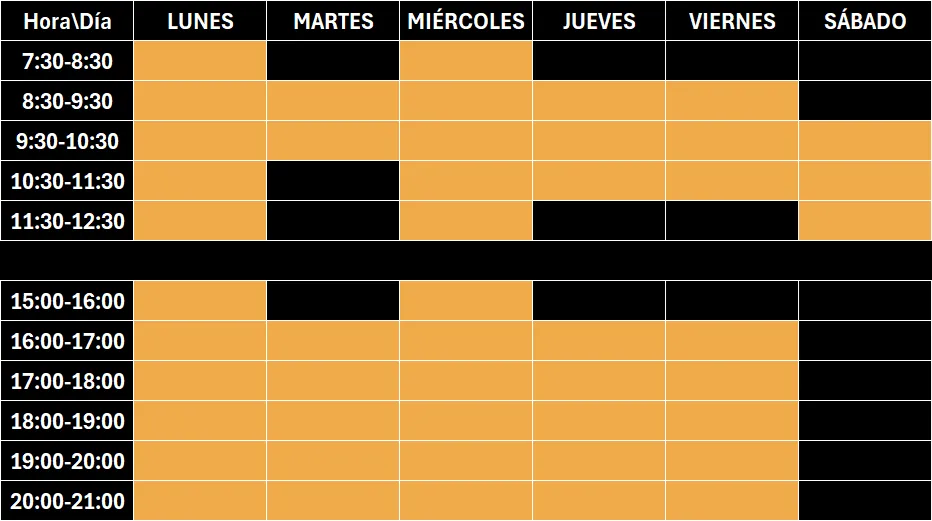 tabla con horario de clases del centro