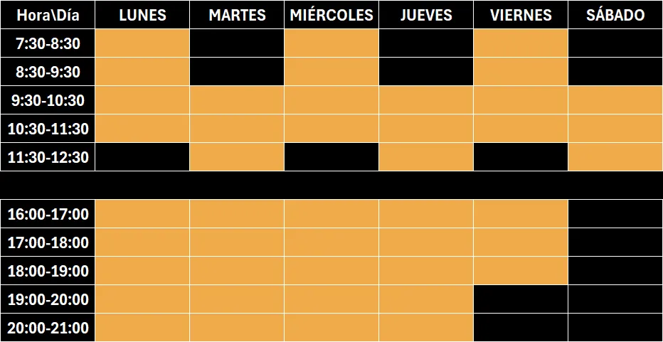 tabla con horario de clases del centro