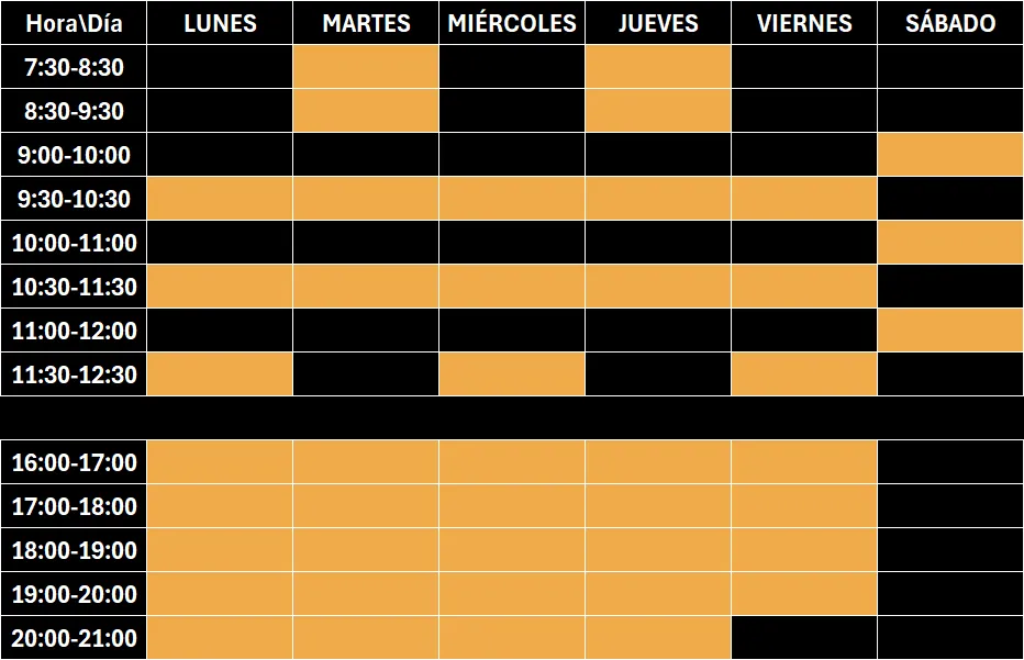 tabla con horario de clases del centro