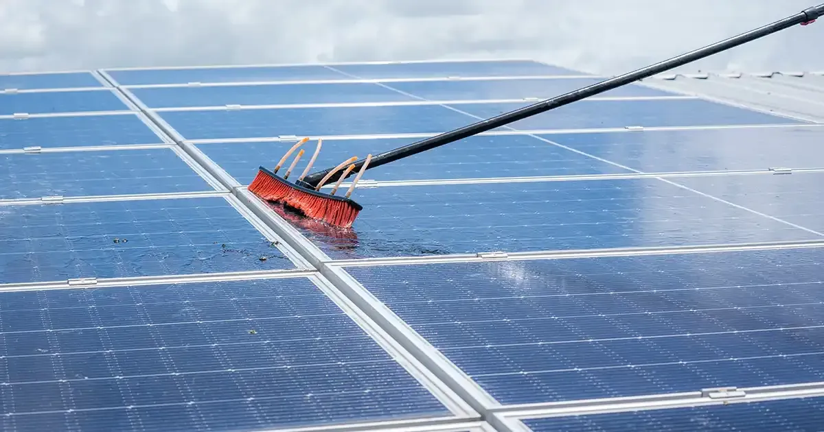 Image of Solar Panels being cleaned with an extension pole and water