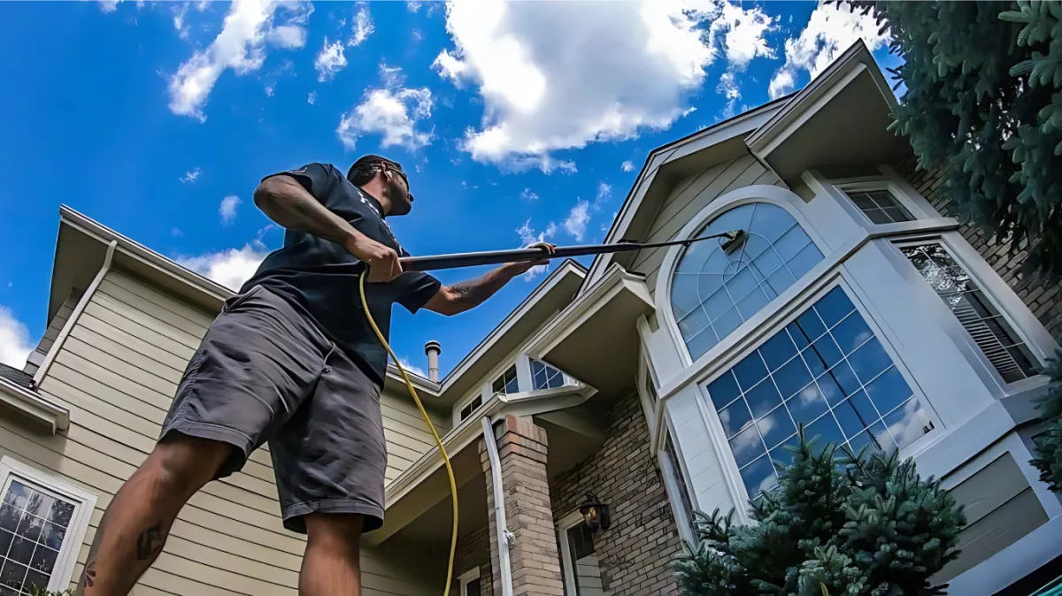 Image if a man cleaning high reach windows with an extension pole and water