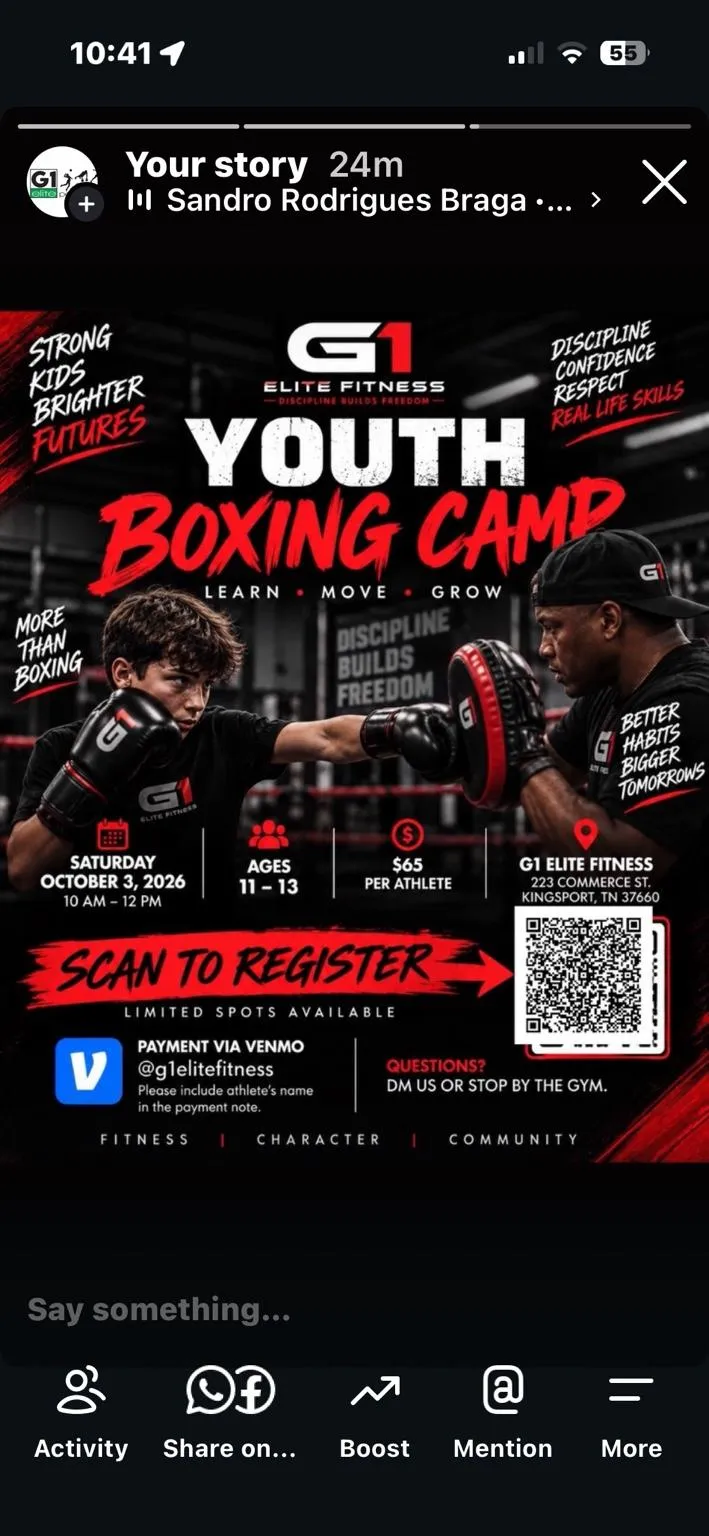 G1 Youth Boxing Camp — October 3, 2026, 10 AM–12 PM. Ages 11–13. $65 per athlete. 223 Commerce Street, Kingsport.