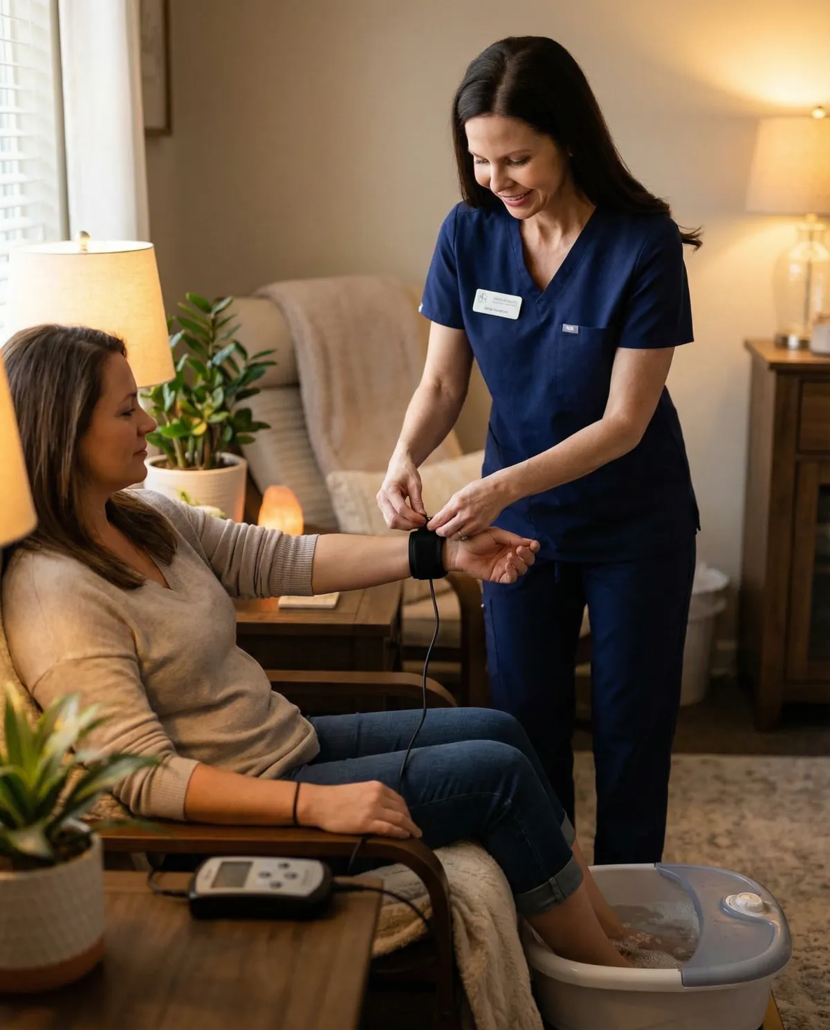 Non-invasive wellness devices arranged on a neutral backdrop, including ear clips, a small wand, microcurrent module, and handheld laser.