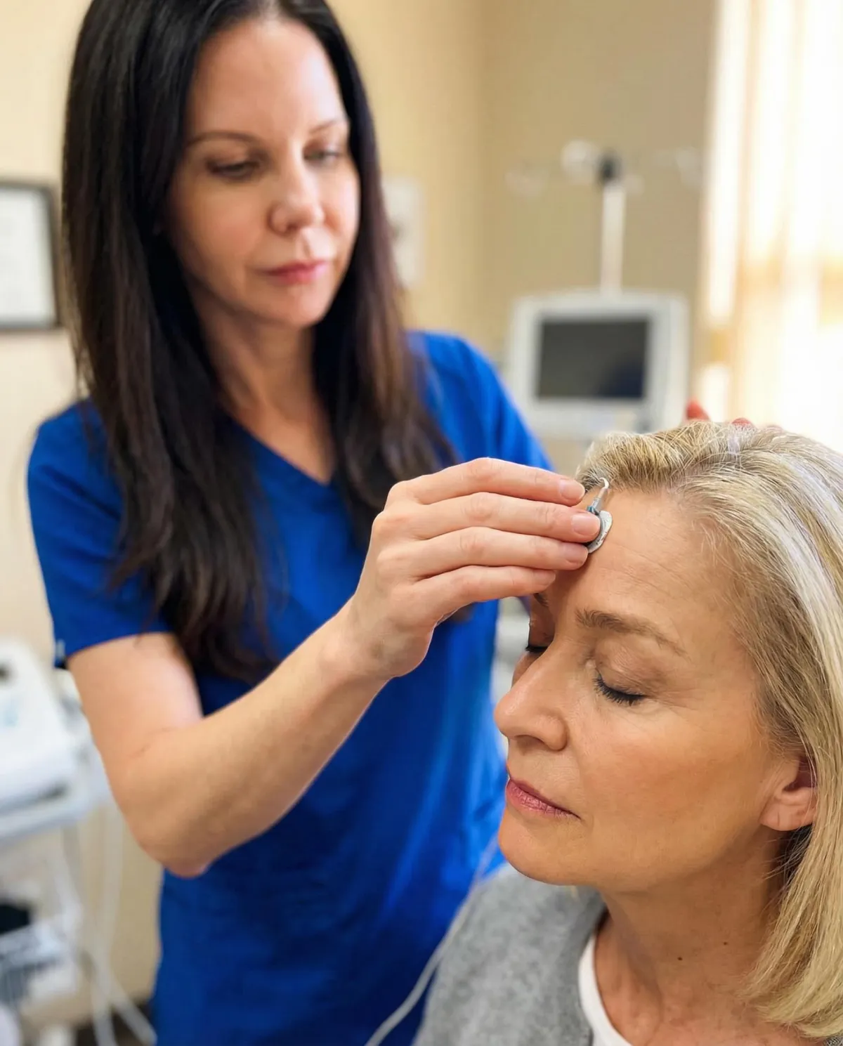 Non-invasive wellness devices arranged on a neutral backdrop, including ear clips, a small wand, microcurrent module, and handheld laser.