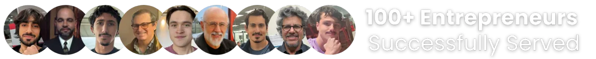 Picture of 9 different entrepreneurs helped by compass coaching and the 24/7 CAB System, text right beside it that says 100+ entrepreneurs successfully served 