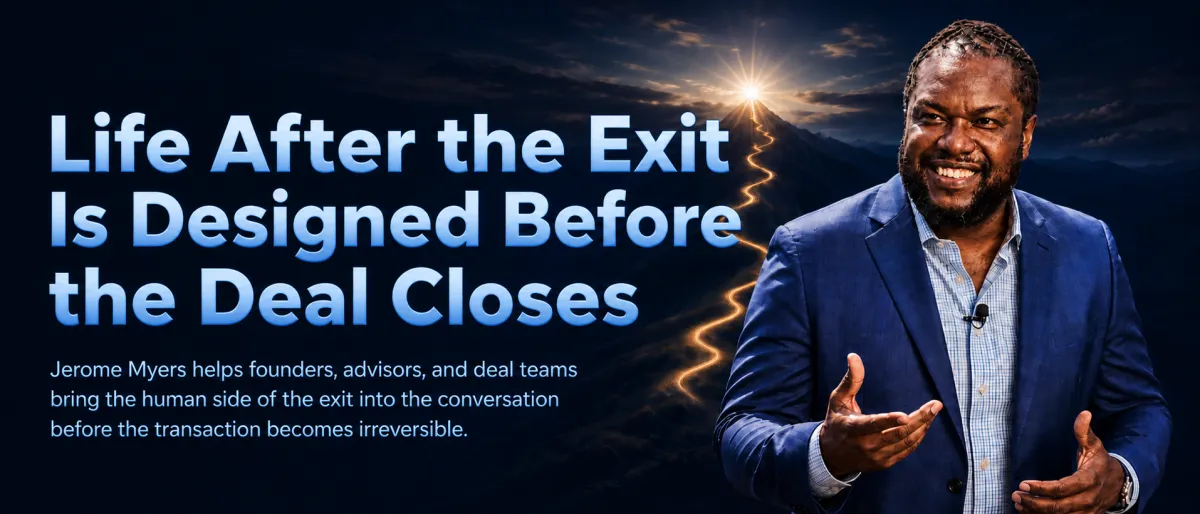 Life after the exit is designed before the deal closes.  jerome myers helps bring the human side of the exit into the conversation before the transacction become irreversible