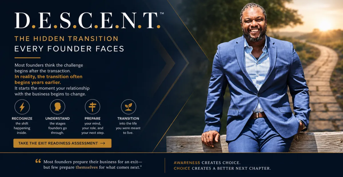 D.E.S.C.E.N.T.™ founder transition framework featuring Jerome Myers and the seven psychological stages founders experience as their relationship with their business changes through disruption, separation, exit, and reinvention.
