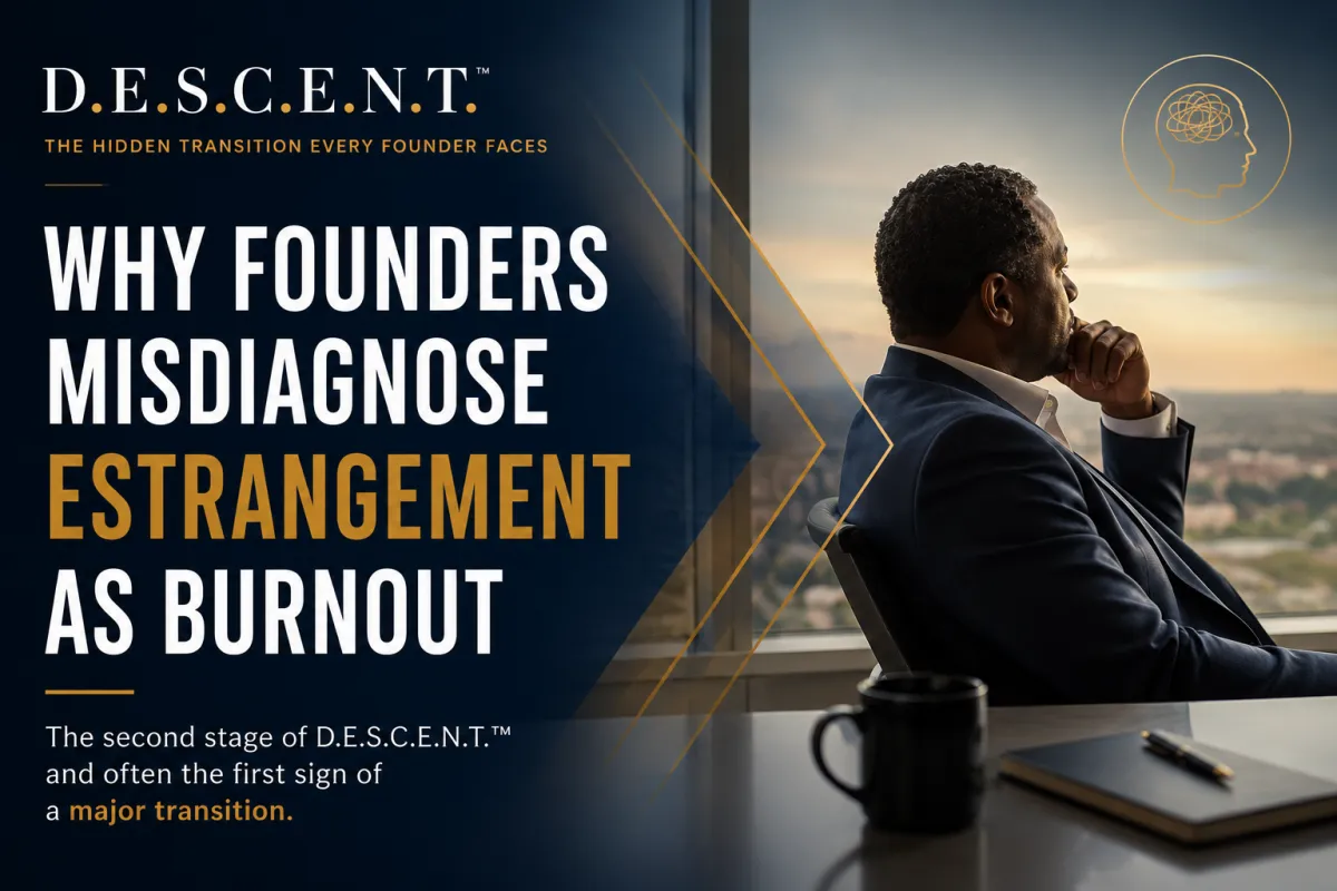 Business founder contemplating the next chapter of life and work, illustrating Estrangement, the stage where successful entrepreneurs often misdiagnose a changing relationship with their business as burnout.