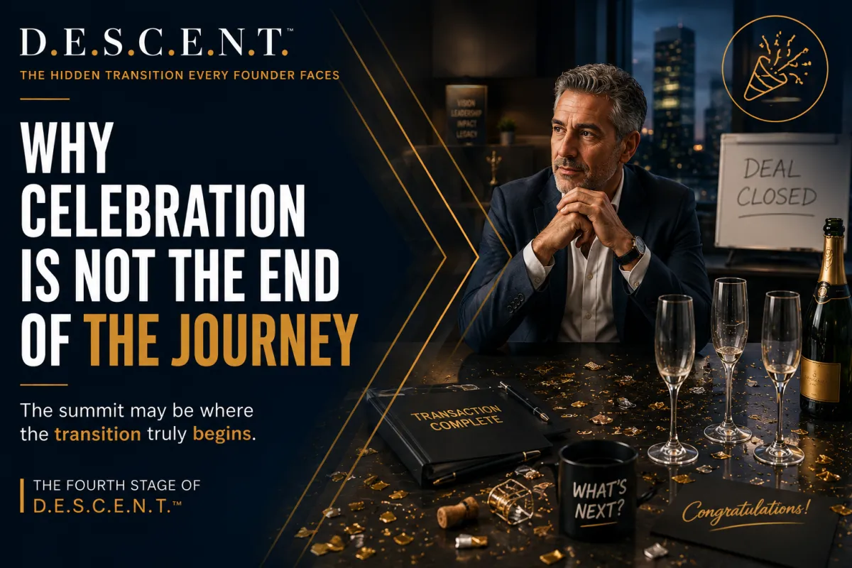 Founder standing alone after a major achievement, reflecting on what comes next. The image represents Celebration, the fourth stage of D.E.S.C.E.N.T.™, where success is achieved but the deeper transition is just beginning.