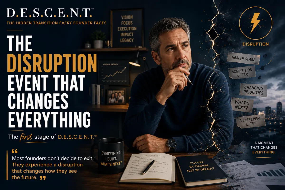 Founder reflecting on a major life or business event while signs of change emerge around him, representing Disruption, the first stage of the D.E.S.C.E.N.T.™ framework where awareness begins and the future starts to look different.