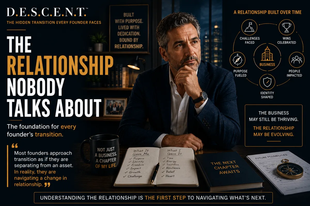 Founder sitting alone in a successful office reflecting on the role the business has played in shaping identity, purpose, and meaning. The image represents the often-overlooked relationship between founder and business.