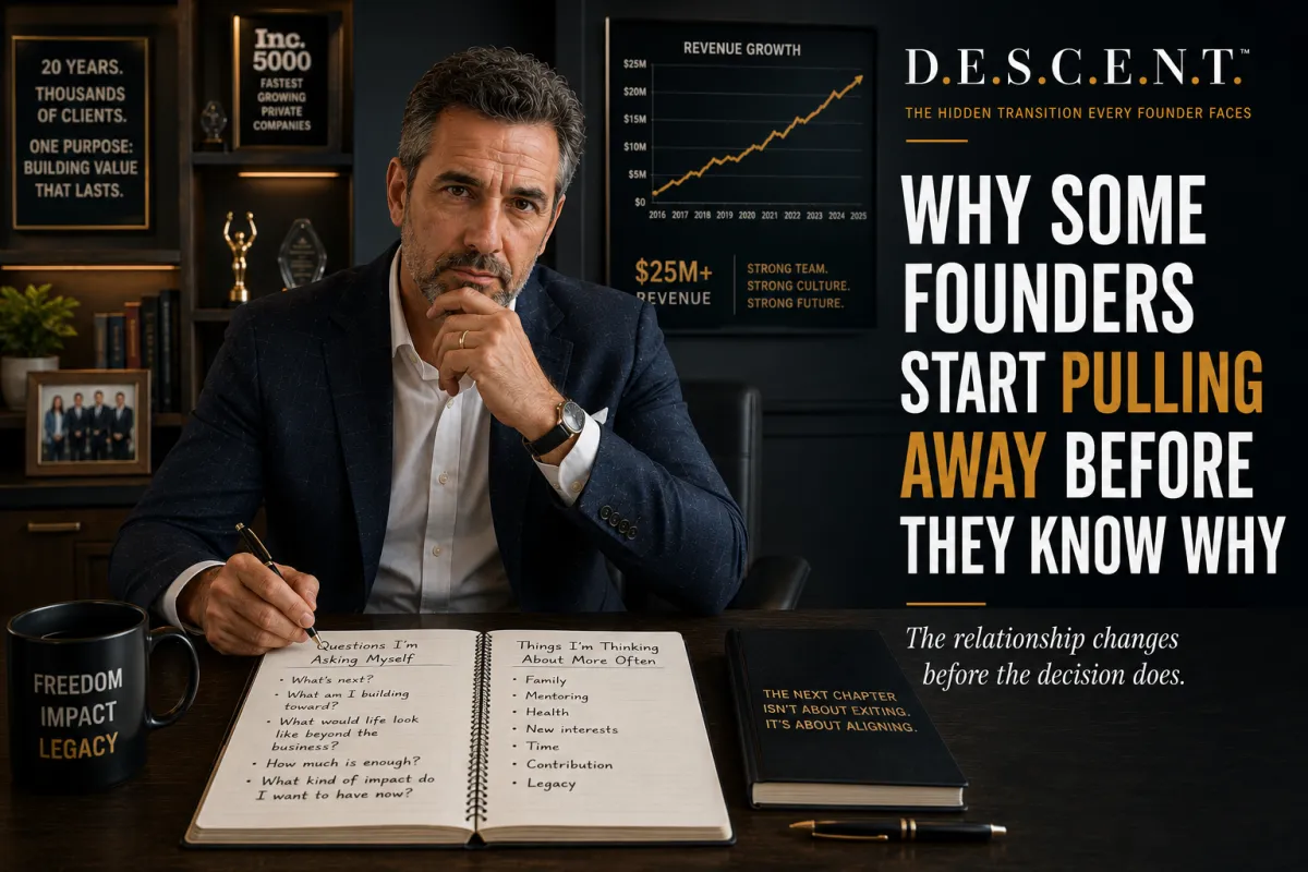 Founder sitting at a conference table in a successful business environment, thoughtfully reflecting on the future while surrounded by evidence of growth and achievement. The image represents the gradual shift in attention and priorities that many founders experience before considering an exit.