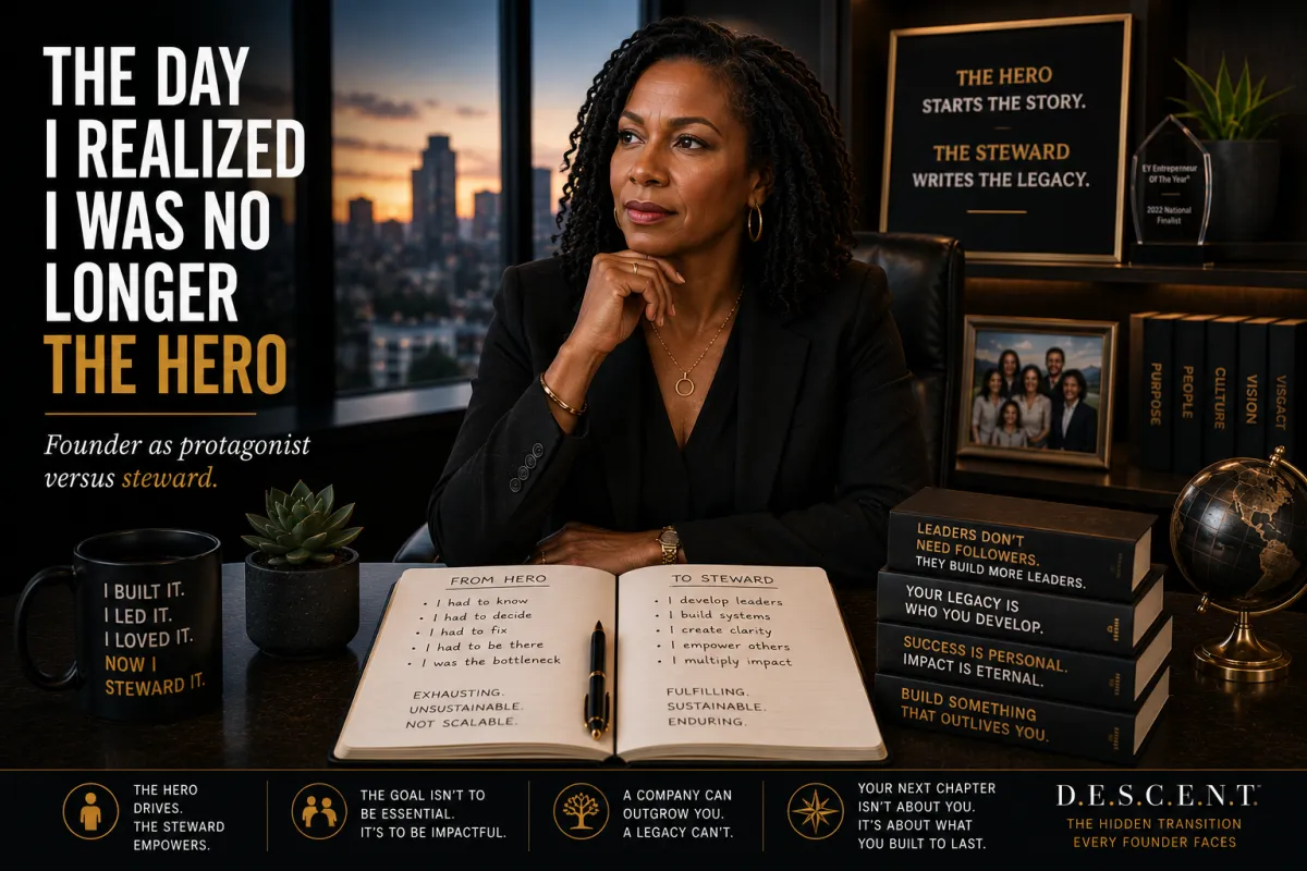 Successful female founder in an executive office reflecting on leadership, legacy, and the transition from being the hero of the business to becoming a steward of its future.