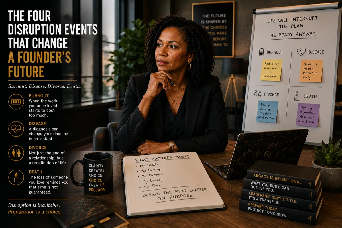 Successful Black female founder reviewing personal and business priorities in a modern executive office, reflecting on the four disruption events that often force founders to rethink their future and legacy.