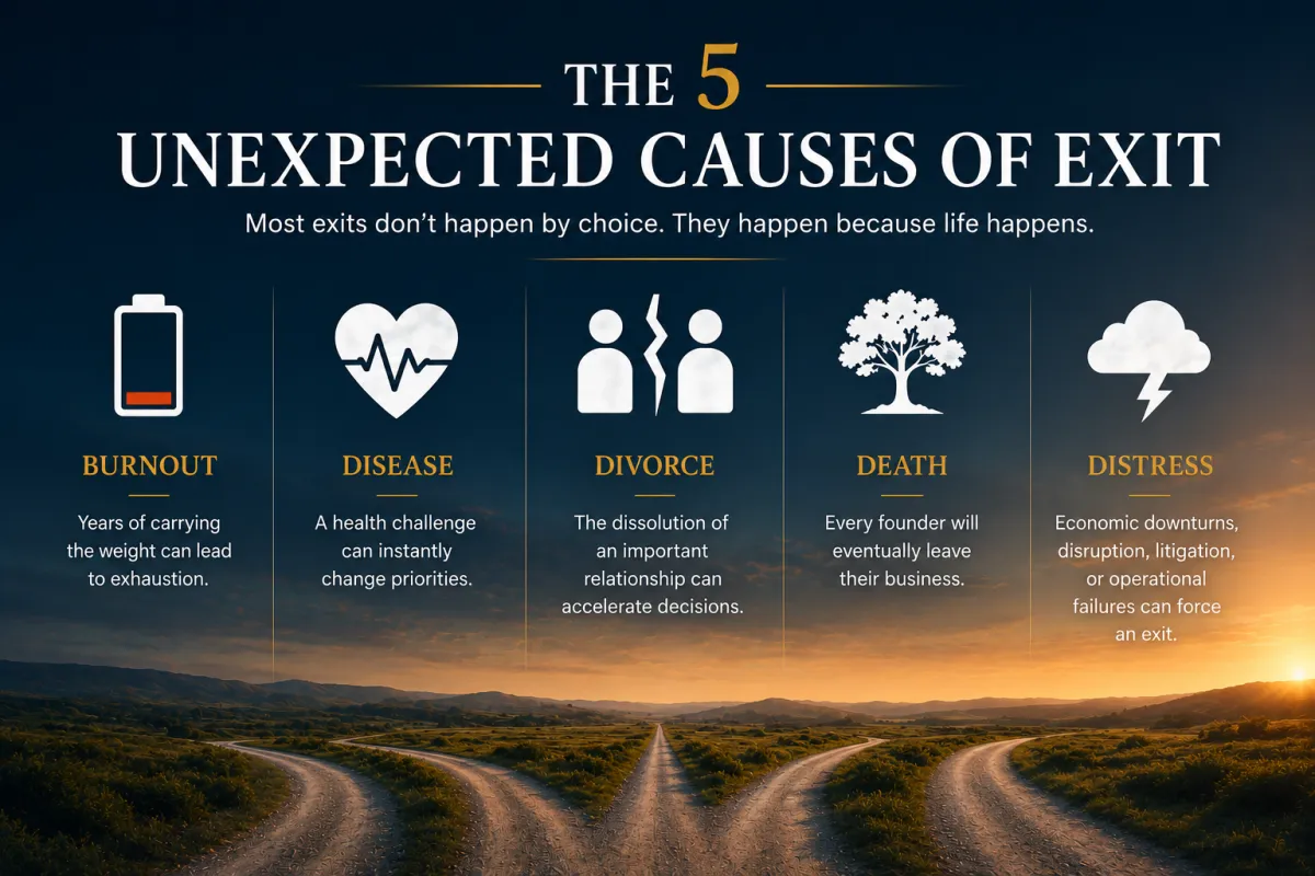 Most founders assume they will choose when and how they leave their business. Unfortunately, life does not always cooperate. While many owners focus on maximizing value and timing the market, exits are often triggered by events they never anticipated. In our experience, five circumstances consistently force founders into transition before they feel ready: Burnout Years of carrying the weight of the organization can lead to physical, emotional, and mental exhaustion. What began as passion can slowly become obligation. Disease A health challenge can instantly change priorities. The future you assumed you had may suddenly look very different. Divorce Whether personal or involving a business partner, the dissolution of an important relationship can accelerate decisions that were never part of the original plan. Death Every founder will eventually leave their business. The only uncertainty is whether the transition occurs on your terms or someone else's. Distress Economic downturns, industry disruption, litigation, loss of key customers, or operational failures can force owners into exits they never intended to make. The common thread across all five causes is simple: Most founders believe they have more time than they actually do. The strongest succession plans are created long before they become necessary. Because succession planning is not about preparing for the exit you expect. It is about being prepared for the one you don't.