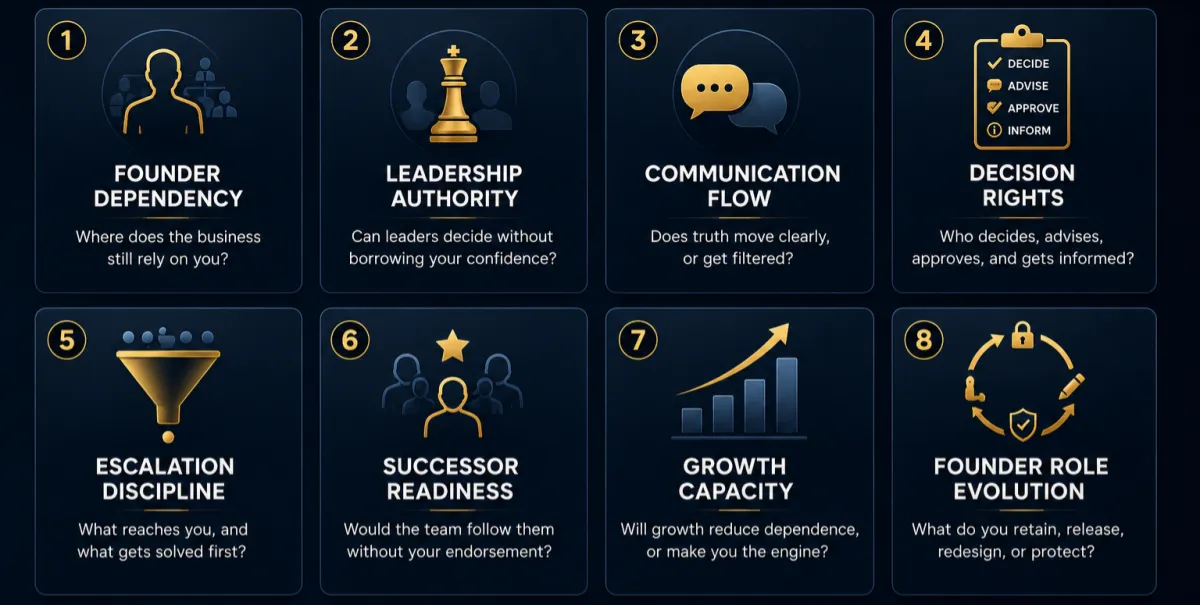 Founder Dependency Where does the business still rely on you?    Leadership Authority  Can leaders decide without borrowing your confidence?    Communication Flow Does truth move clearly, or get filtered?    Decision Rights Who decides, advises, approves, and gets informed. Escalation Discipline What reaches you, and what gets solved first?    Successor Readiness Would the team follow them without your endorsement?    Growth Capacity Will growth reduce dependence, or increase it?    Founder Role Evolution What do you retain, release, redesign, or protect?
