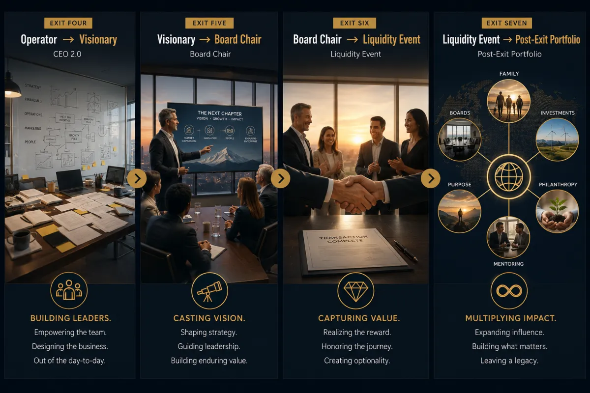 Infographic illustrating Exits Four through Seven of the 8 Exits of the Founder framework, showing the progression from CEO 2.0 to Visionary, Board Chair, Liquidity Event, and Post-Exit Portfolio as a founder evolves from leading the business to creating impact beyond the enterprise.