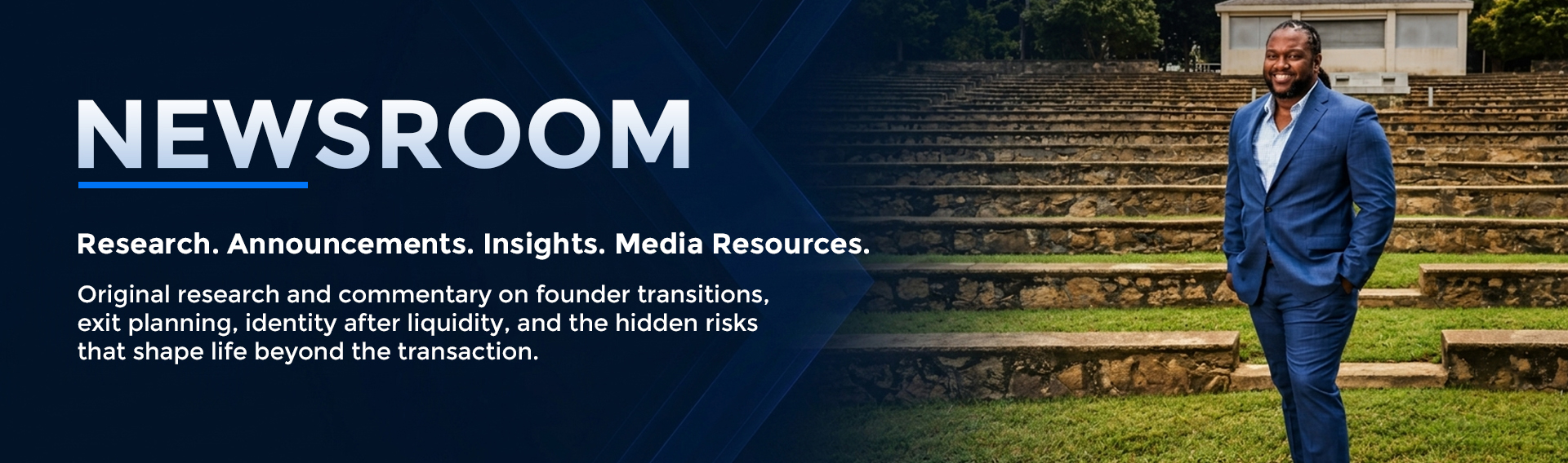 Jerome Myers at an outdoor amphitheater representing the Exit to Excellence Newsroom for founder transition and exit planning research.
