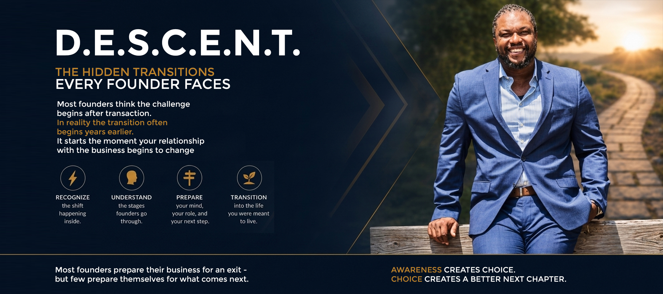 D.E.S.C.E.N.T.™ founder transition framework featuring Jerome Myers and the seven psychological stages founders experience as their relationship with their business changes through disruption, separation, exit, and reinvention.