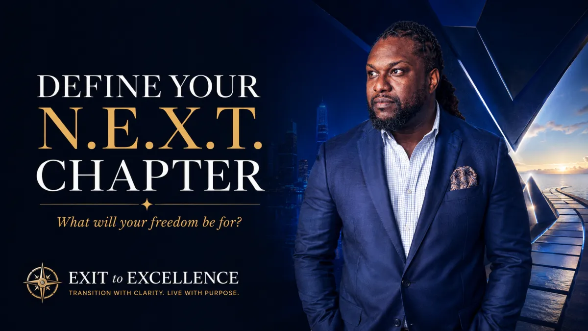 Jerome Myers beside a path moving through Nourish, Evaluate, eXplore, and Transcend toward a new chapter after business exit.