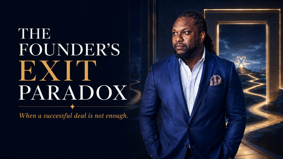 Jerome Myers beside an open route moving from a completed business transaction toward an illuminated X shaped portal, representing the identity, relationship, and purpose decisions founders face after exit.