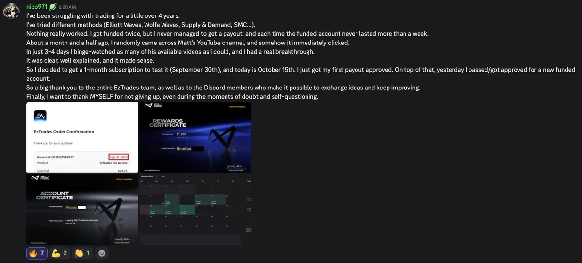 Nico shares his first approved payout and new funded account after joining EzTrades.