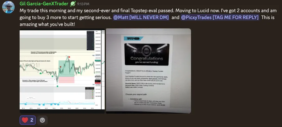 Gil Garcia shares that he passed his second Topstep evaluation, alongside his trade chart and funding confirmation.