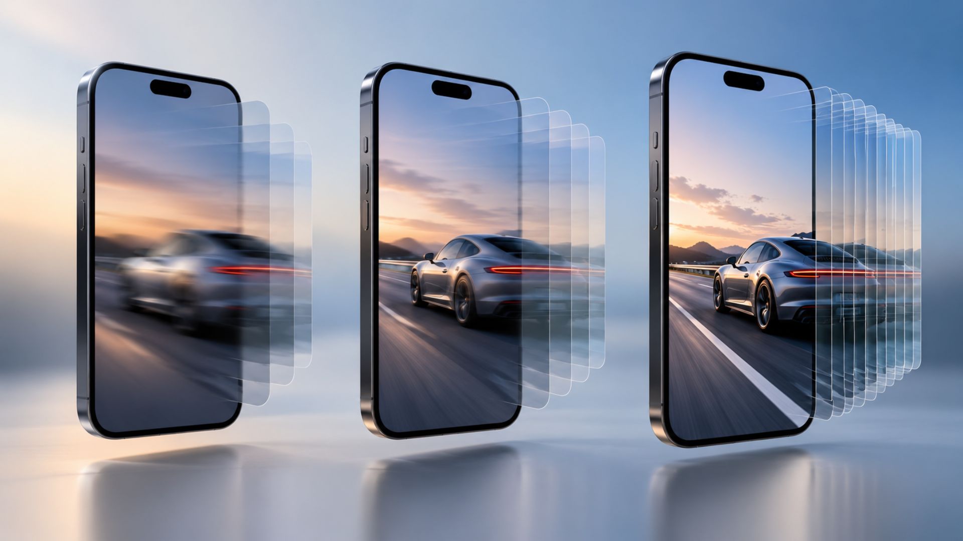 Smartphones displayed with 60Hz, 90Hz, and 120Hz refresh rates, showing how smoother screen motion increases as the refresh rate gets higher.