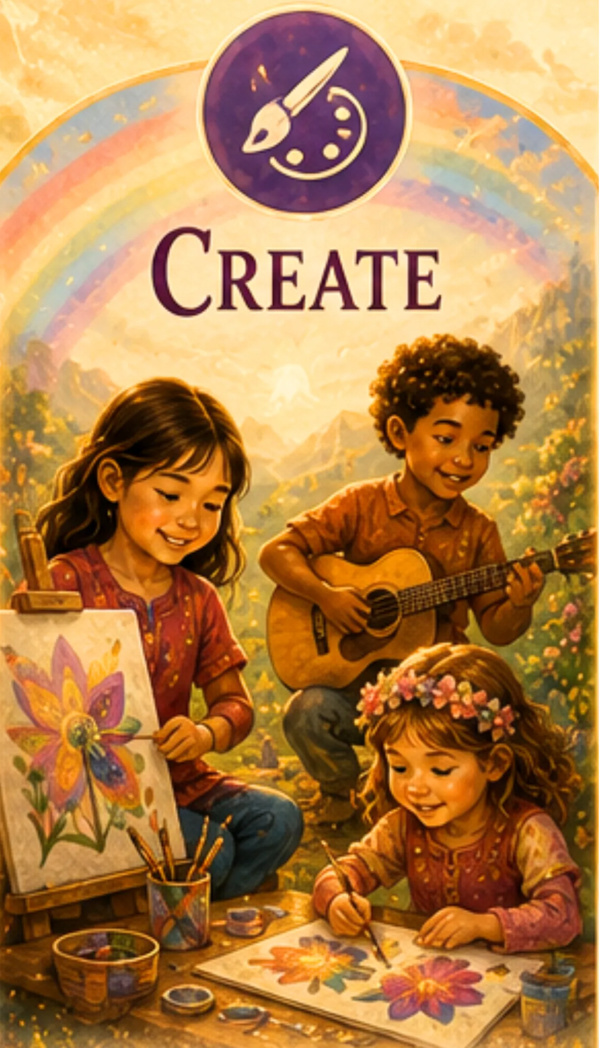 Children creating art and music as expressions of peace