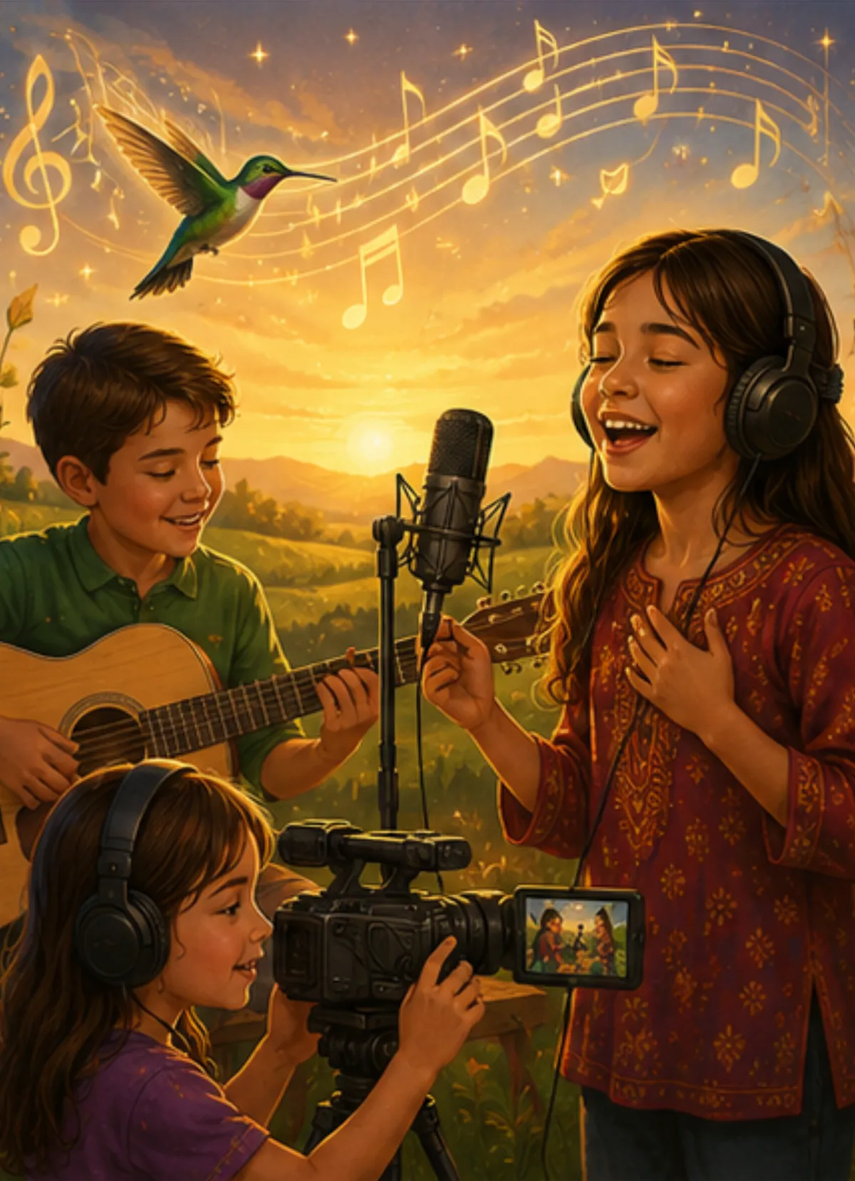 Children recording a song for the Music Contest