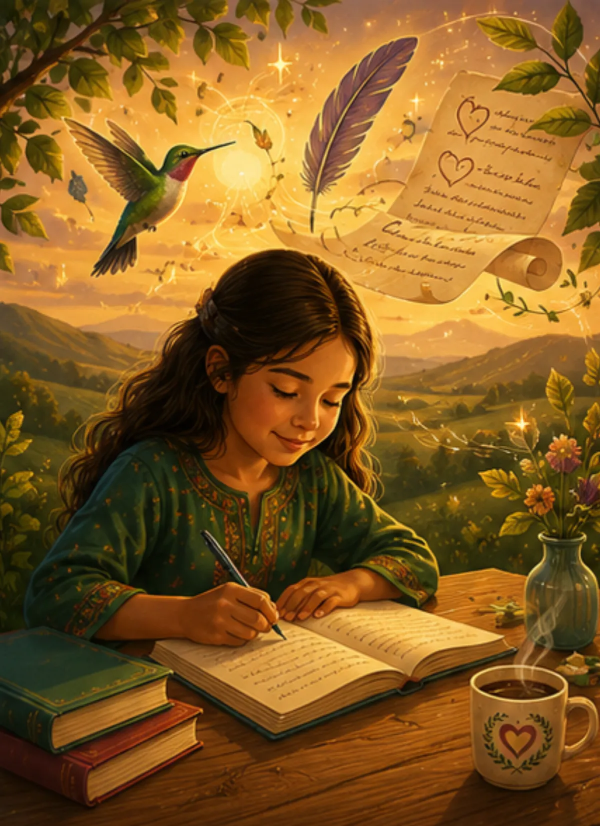 child writing for Literature Contest