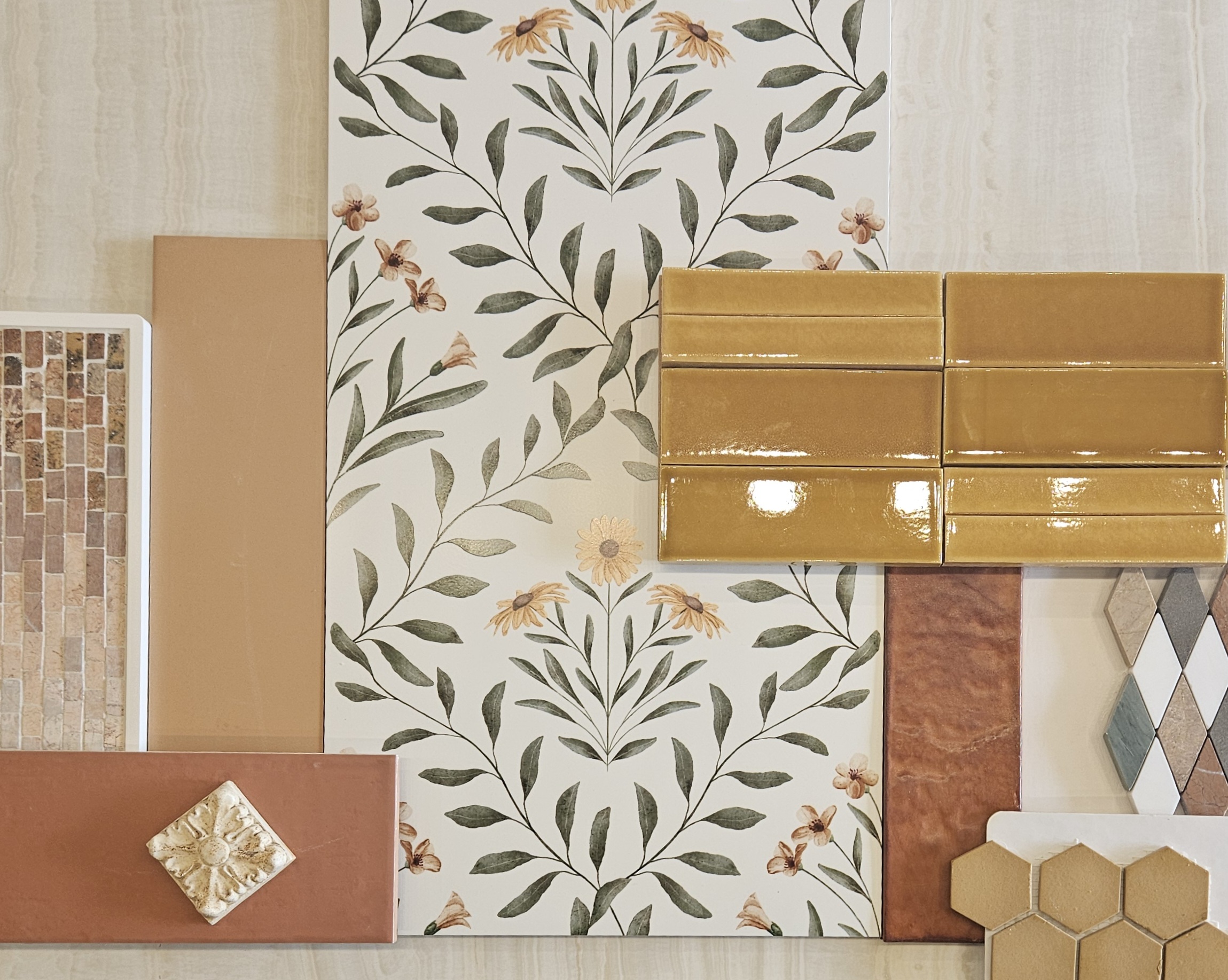 A collage of a mix of porcelain and ceramic tiles.