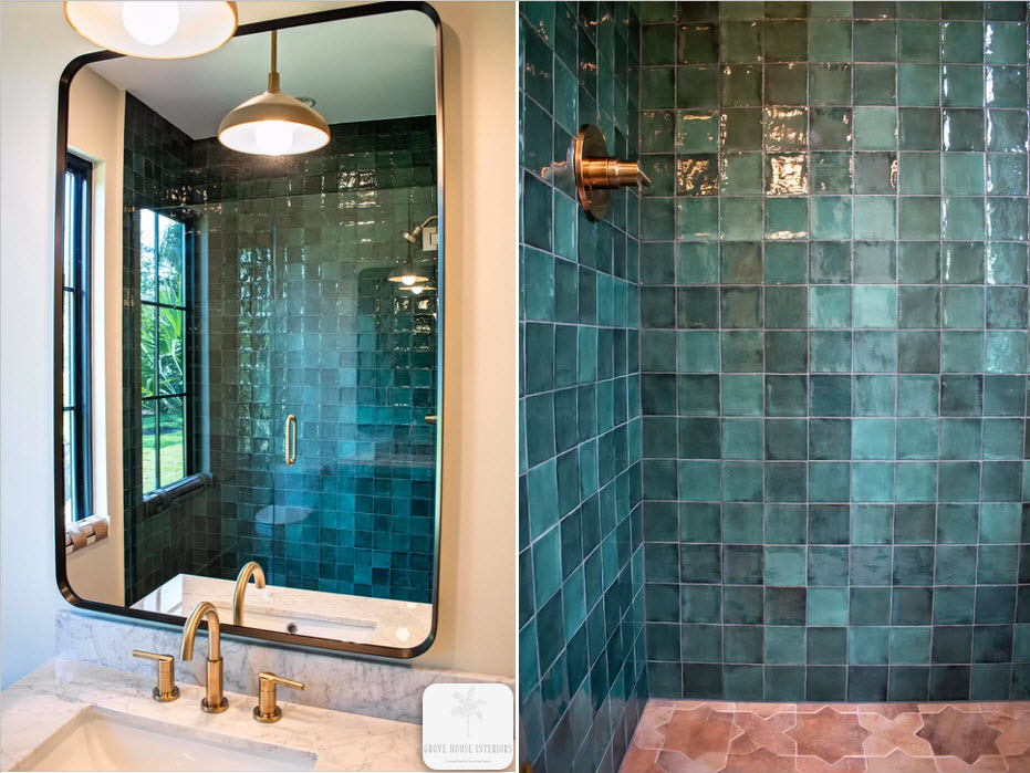 Bath renovation with green ceramic wall tile and terracotta star & cross pattern on the floor