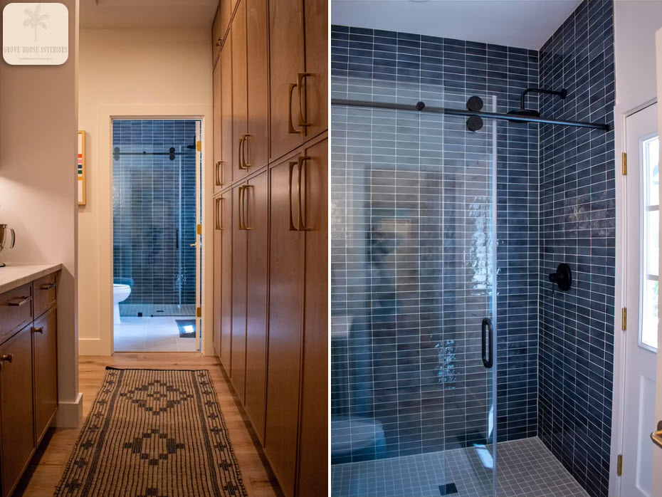 Bathroom renovation with dark blue ceramic wall tile and grey mosaic shower floor tile