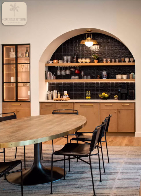 Bar backsplash with black, 4x4 zellige handmade tile