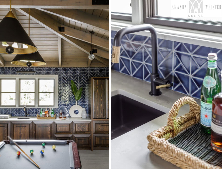 Image of a kitchen with custom, textured navy blue hand-painted backsplash tile