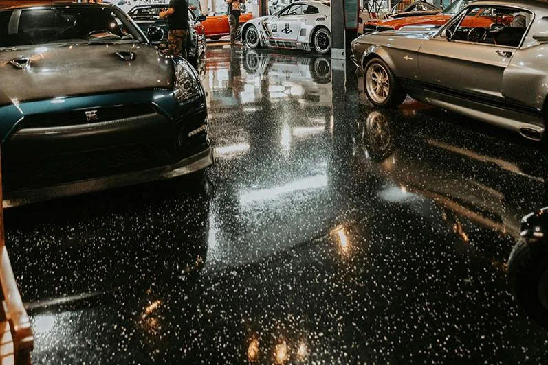 Glossy black epoxy floor coating for garage