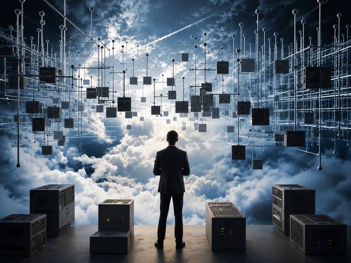 Business leader standing between servers and cloud infrastructure, illustrating AI implementation and cloud solutions