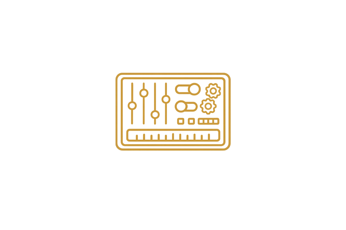 Gold control-panel icon representing operational oversight, process management and AI-enabled workflow controls