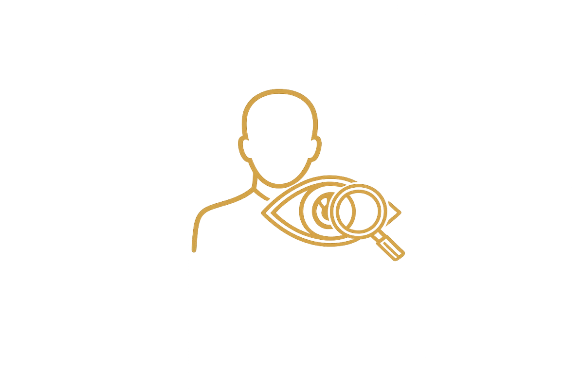 Gold human oversight icon showing a person reviewing AI activity through an eye and magnifying glass