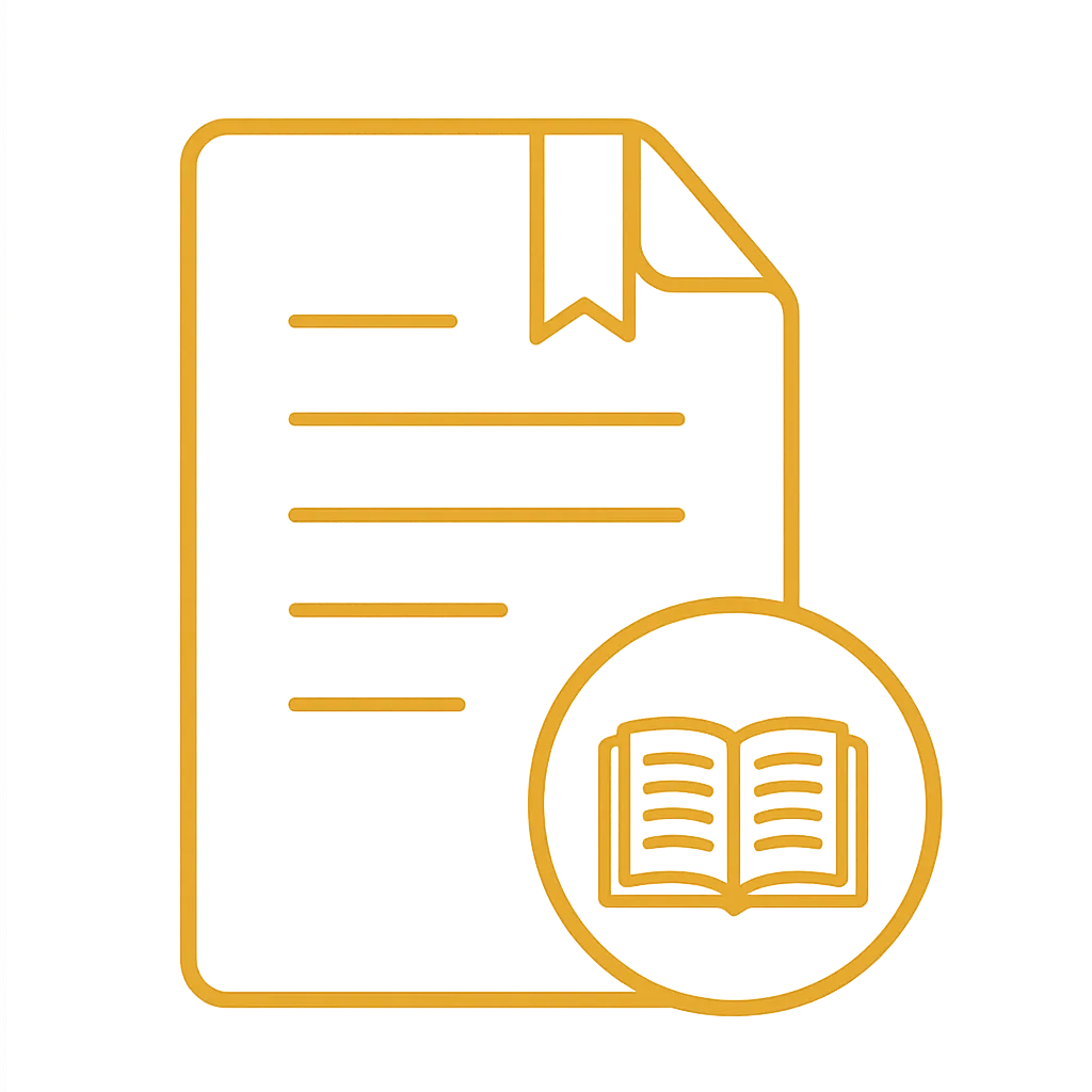 Gold document and open-book icon representing curated AI governance resources, official guidance and reference materials