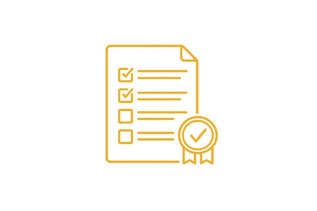 Gold checklist and verification badge icon representing audited evidence, compliance review and assurance.