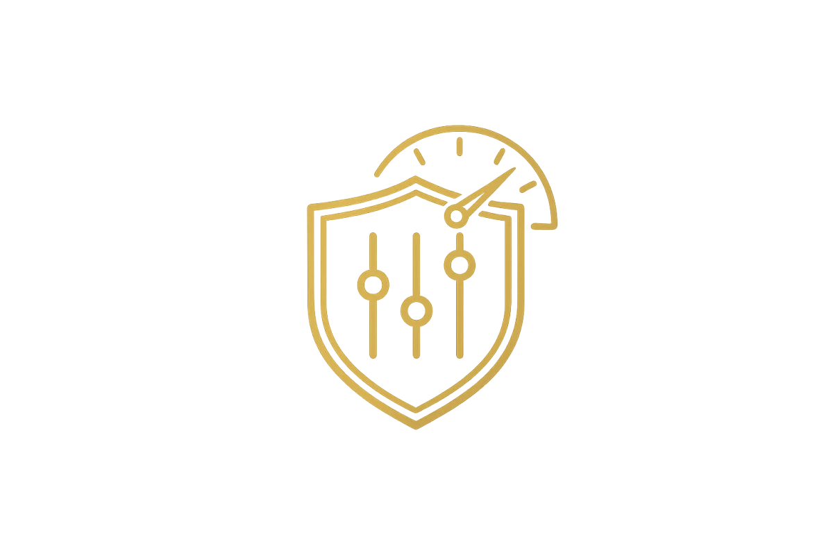 Gold shield with control sliders and risk gauge representing AI risk management, control settings and governance oversight.