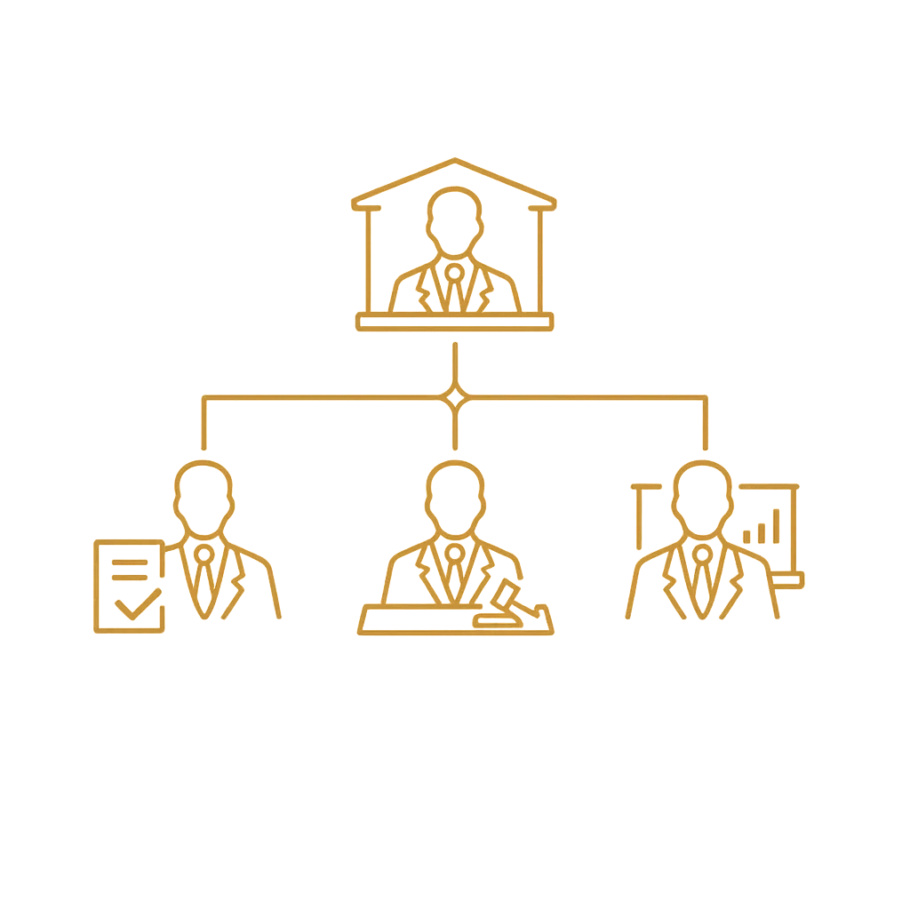 Gold organisation chart icon showing connected governance roles, leadership responsibility and organisational oversight.