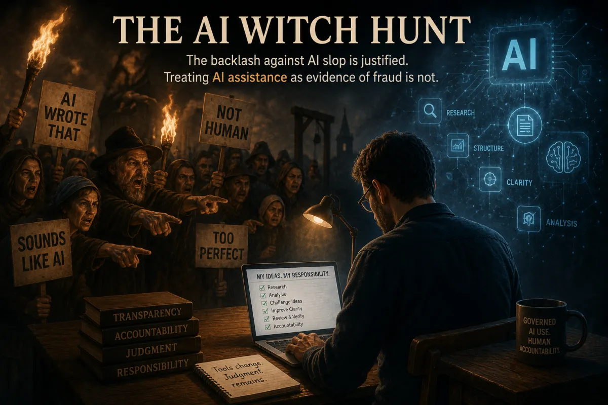 Image depictiting a man working on a laptop and people accusing him to use AI