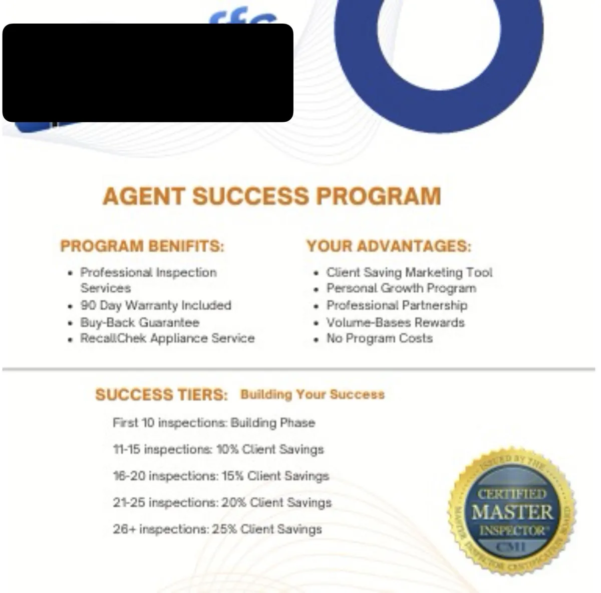 Agent Success Program overview featuring professional inspection services, warranty details, and client savings tiers for home inspectors.