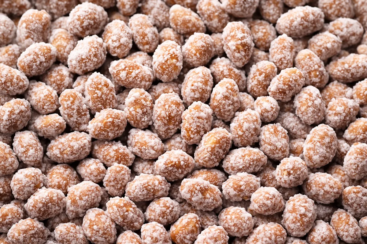 a pink bowl filled with cashews on a yellow background