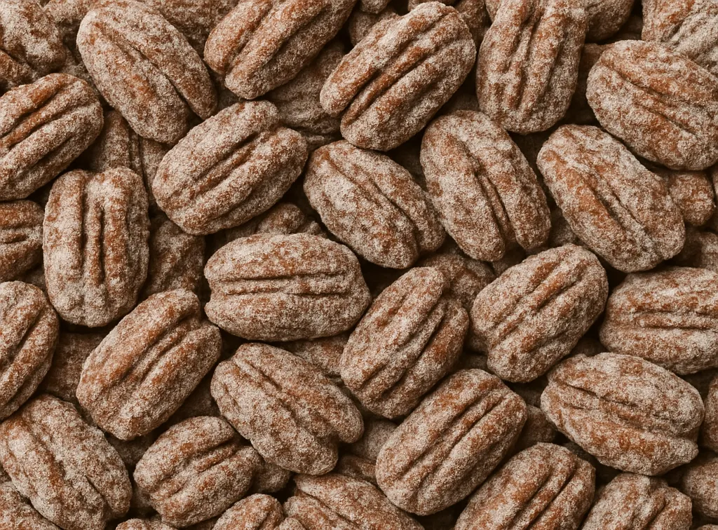 a pink bowl filled with cashews on a yellow background